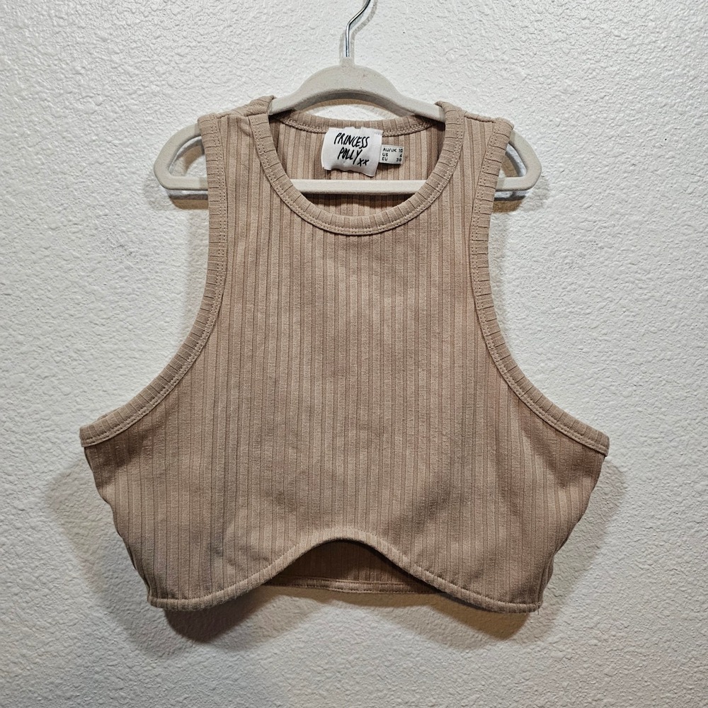 Princess Polly Tan Ribbed Curved Hem Crop Tank Top Sleeveless Beige US 6